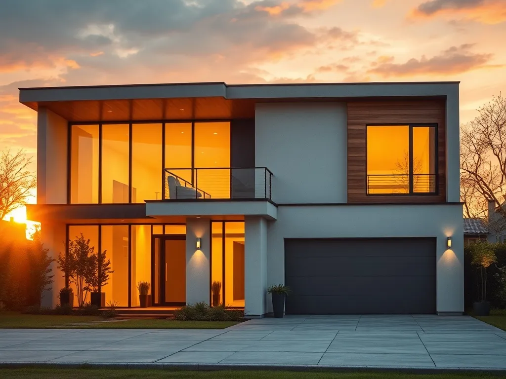 A modern architectural house exterior at sunset with warm go